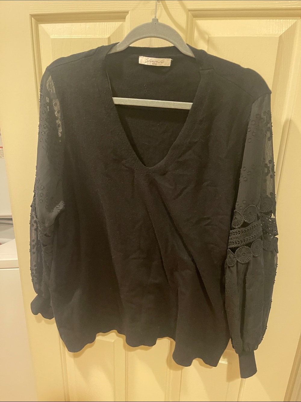 Women's Black Long-Sleeve V-Neck Top with Crochet Lace Sleeves
